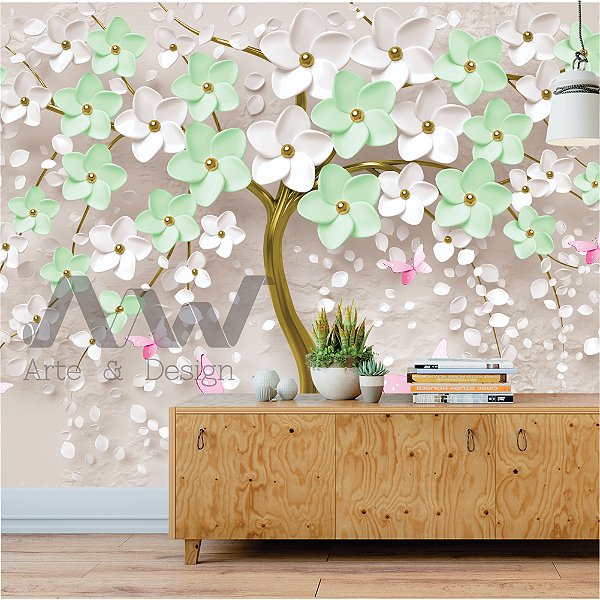 Papel de Parede Adesivo - Arvore de flores verdes e brancas de caule dourado com fundo cinza
