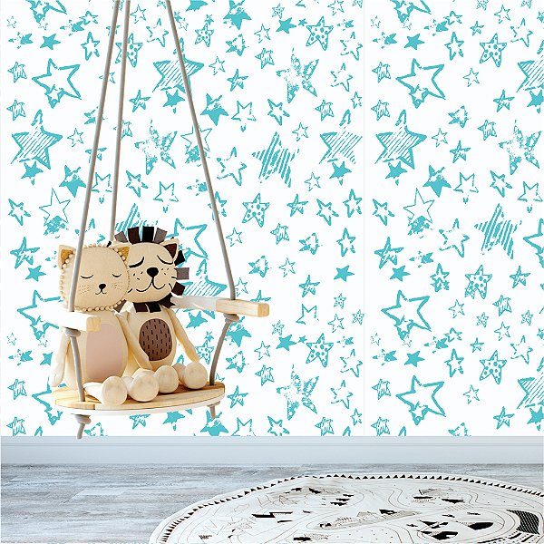 Papel de Parede -  Conjunto de estrelas azul de diversos tamanhos em fundo branco