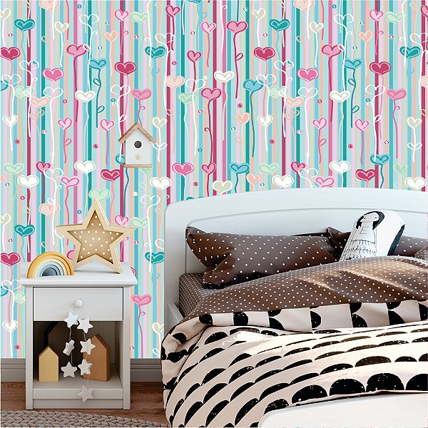 Papel de Parede corações coloridos com fundo listrado