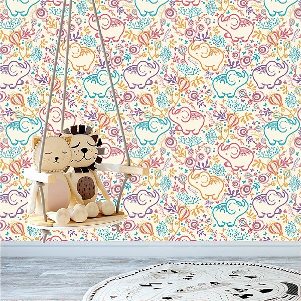 Papel de parede - Desenhos de elefantes coloridos com detalhes de folhagem colorida