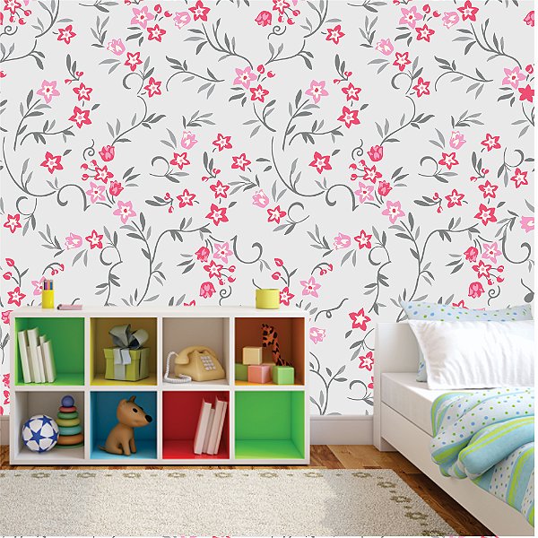 Papel de Parede Adesivo - Ramo de Flores Cor de Rosa com Fundo Cinza