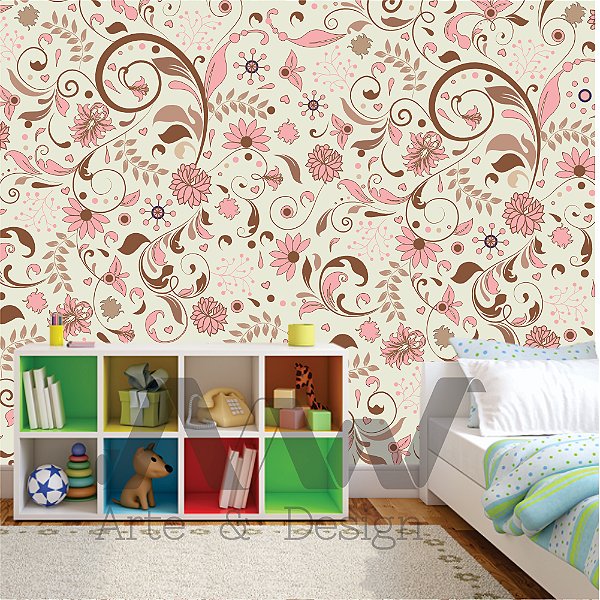 Papel de Parede - Floral na cor rosa com fundo bege