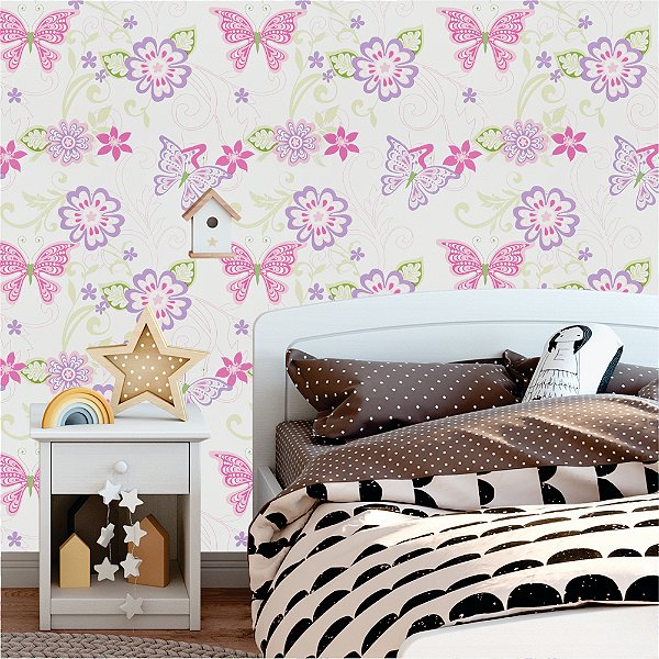 Papel de Parede - Flores lilas e rosa pink com borboletas em fundo rosa claro em detalhes de silhuetas