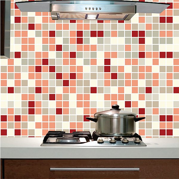 Papel de Parede - Pastilhas em tons de vermelho, cinza e bege