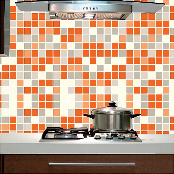 Papel de Parede - Pastilhas em tons de laranja, cinza e bege em fundo branco