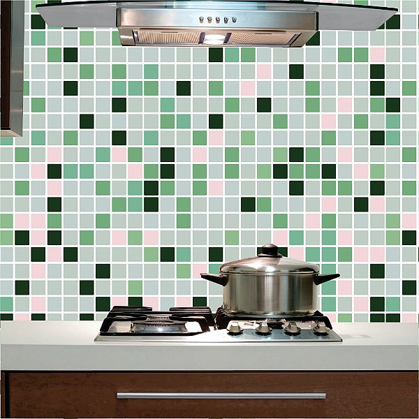 Papel de Parede - Pastilhas em diversos tons de verdes, rosa claro e cinza