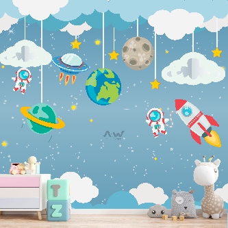Papel de Parede Adesivo - Astronauta com foguete, planetas, nuvens