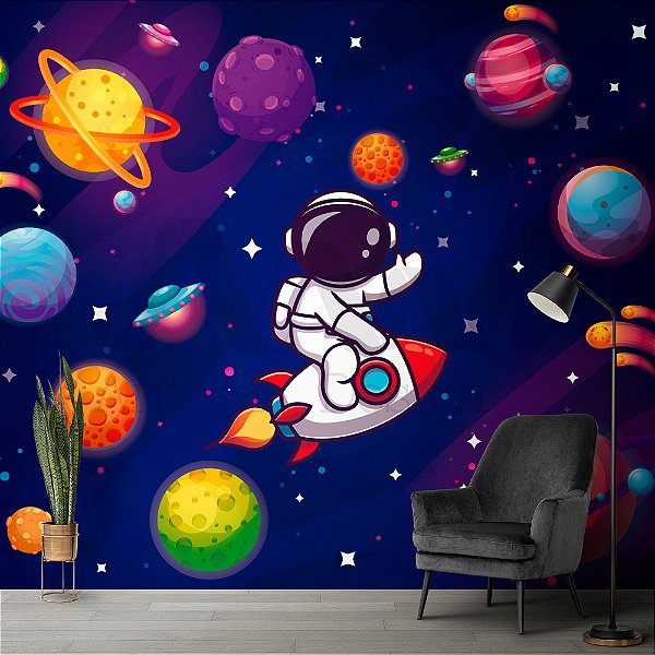 Papel de Parede Adesivo - Astronauta flutuando no espaço em um foguete com varios planetas