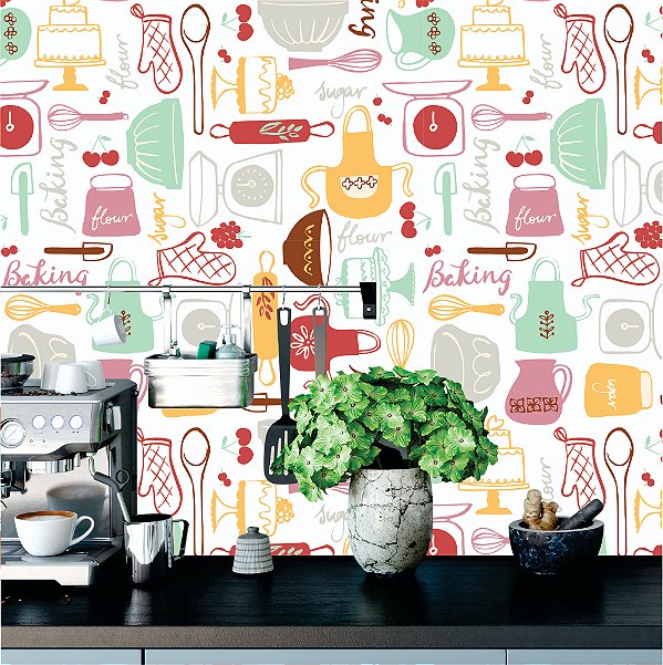 Papel de Parede - Utensílios de cozinha coloridos e palavra em fundo branco