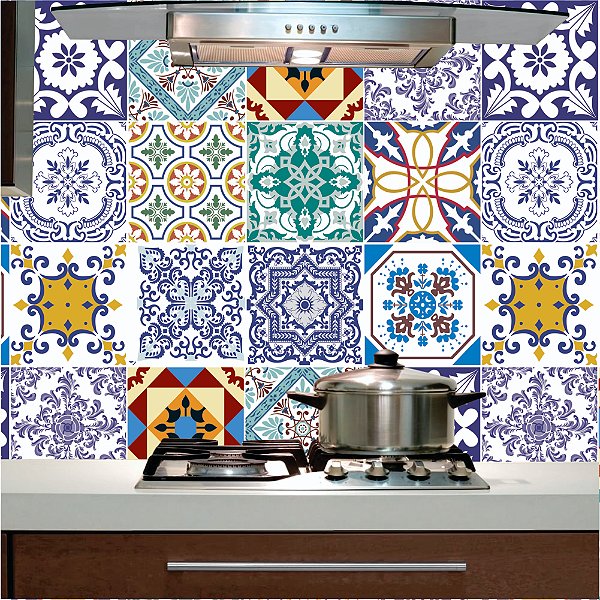 Papel de Parede - Azulejo português  com design colorido, ladrilho para cozinha