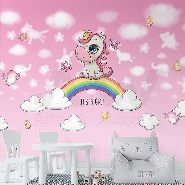 Papel de parede - Unicornio bebê em cima de um arco-iris cercado de animais feito por nuvens no fundo rosa