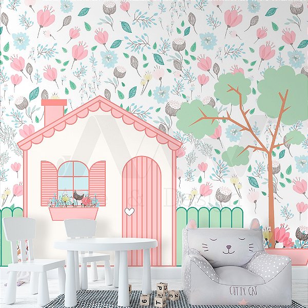Papel de Parede Adesivo - Casinha branca e rosa com cercado verde e fundo floral