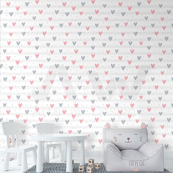 Papel de Parede - Corações cinza e rosa em fundo listrado