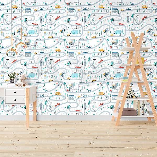 Papel de Parede Adesivo - Pista com carrinhos coloridos