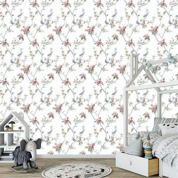 Papel de Parede - Galhos com flores rosas e pássaros azuis