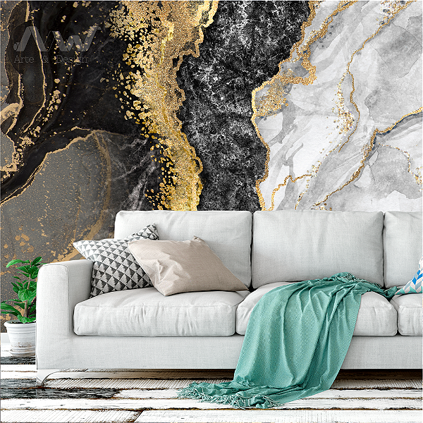 Papel de Parede - Mármore Preto com dourado e cinza