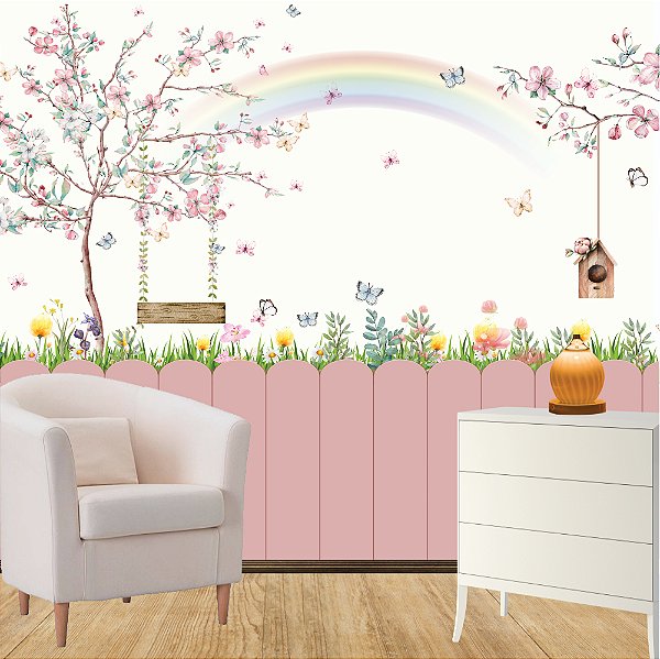 Papel de Parede - Jardim com cercado e árvore com balanço