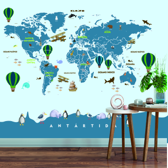 Papel de Parede - Mapa Mundi azul com animais e balões verdes