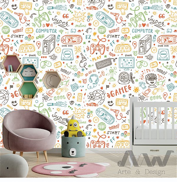 Papel de parede Adesivo - Doodle com diversos acessorios e games coloridos