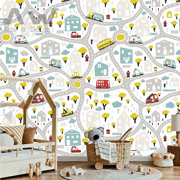 Papel de Parede Adesivo - carrinhos com pistas