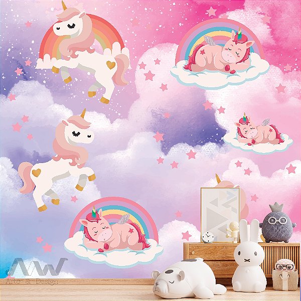 Papel de parede Adesivo  - Unicornios nas nuvens rosa com arco-iris