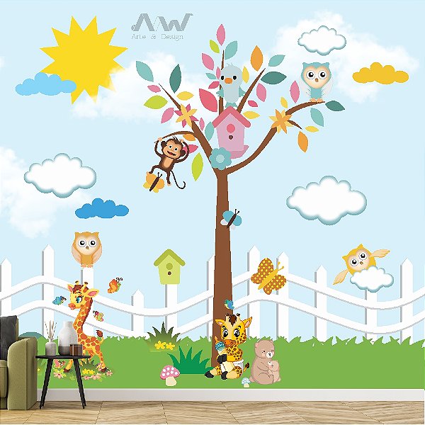 Papel de parede Adesivo - Safari com animais em desenhos e arvore com folhas coloridas