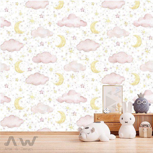 Papel de parede Adesivo - Nuvens rosas com estrelas e lua dourada
