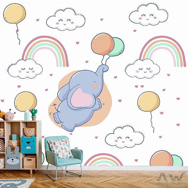 Papel de parede Adesivo - Elefante voando com balões no céu de nuvens com arco-íris