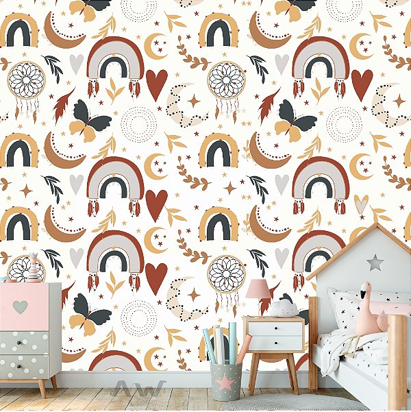Papel de parede Adesivo - Boho lua estrelas e arco-iris
