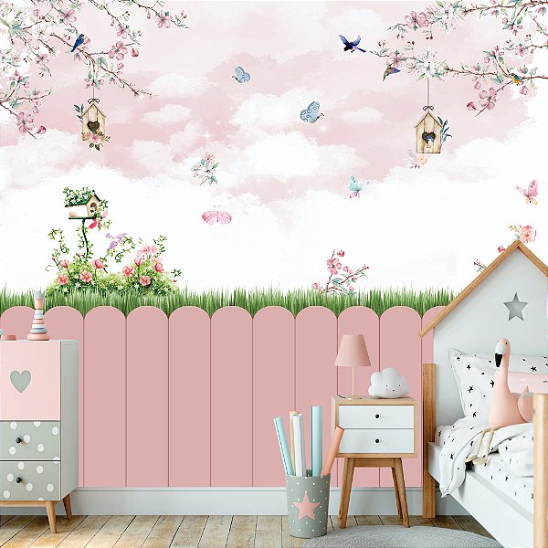 Papel de parede Adesivo - Jardim Encantando com cercado rosa