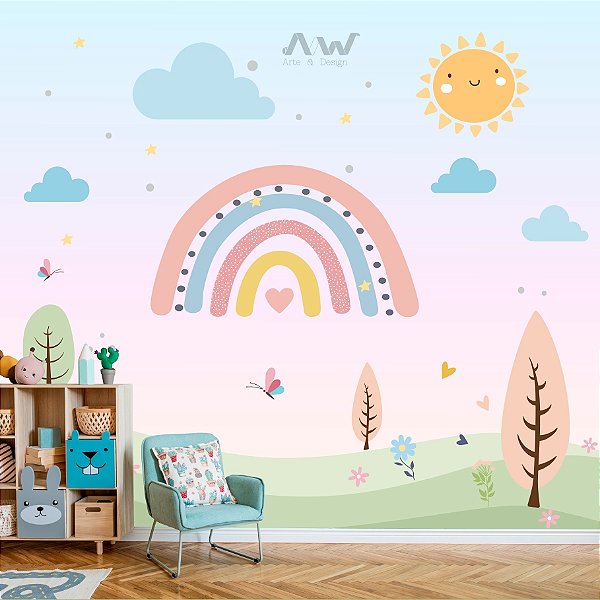Papel de parede Adesivo - Paisagem com arco-iris boho
