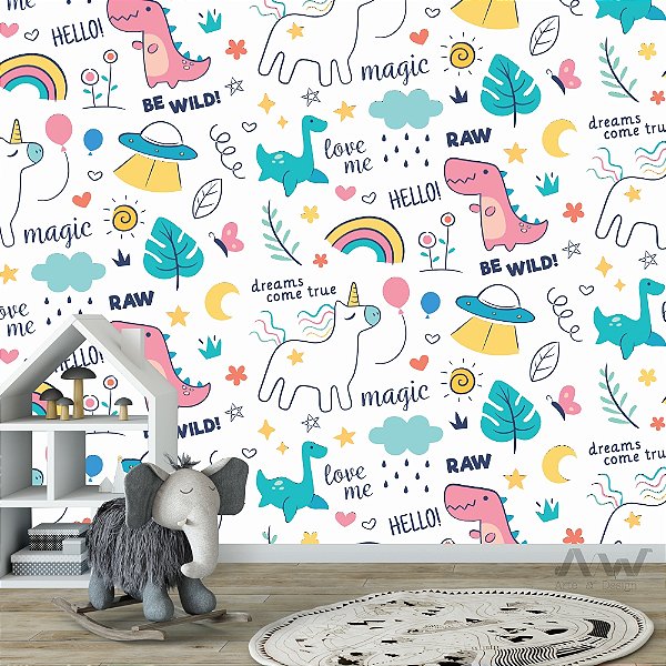 Papel de parede Adesivo - Unicornio arcoiris dinossauro disco voador