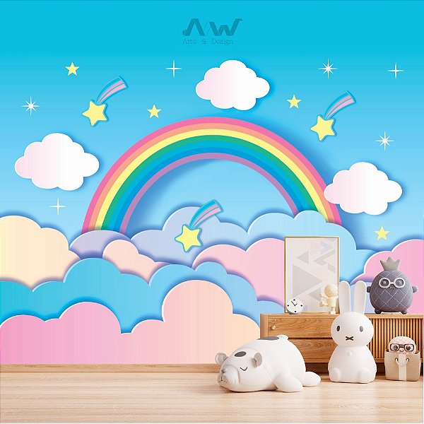 Papel de parede Adesivo - Nuvens Coloridas com Arco-íris