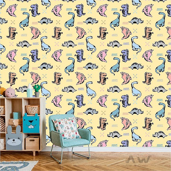 Papel de Parede Adesivo -  Dinossauros Fundo Amarelo
