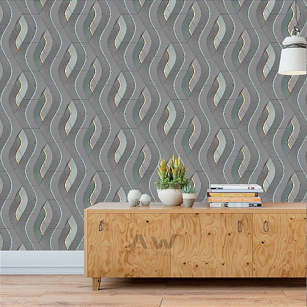 Papel de Parede Adesivo - 3D Ondulado com Granilite e Linhas Douradas