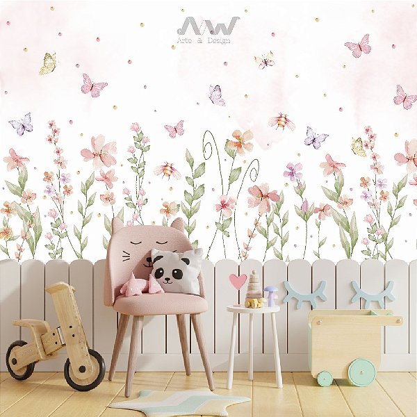Papel de Parede Adesivo - Jardim com Borboletas e Fundo Rosa
