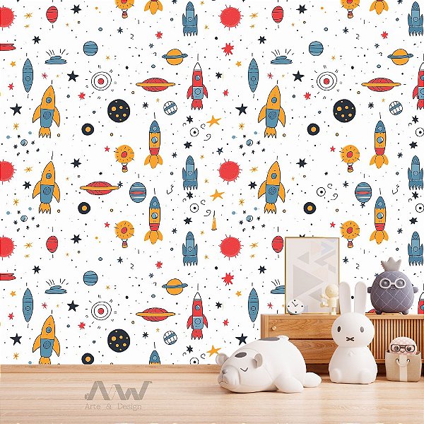 Papel de Parede Adesivo - Foguetes Coloridos no Espaço