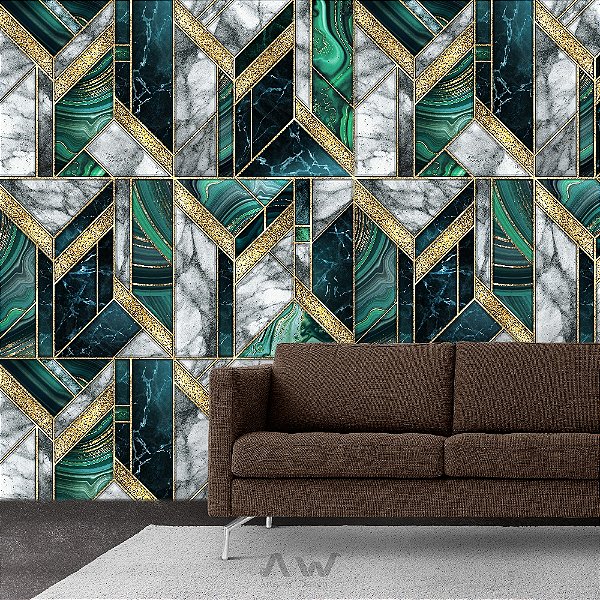 Papel de Parede Adesivo - Mármore Detalhes Esmeralda com Ouro