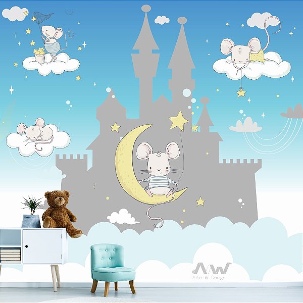 Papel de Parede Adesivo - Ratinho nas nuvens
