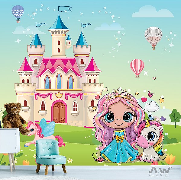 Papel de Parede Adesivo - Princesa com unicórnio e castelo