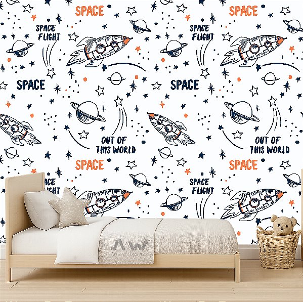 Papel de Parede Adesivo - Espaço com foguetes, planetas e estrelas