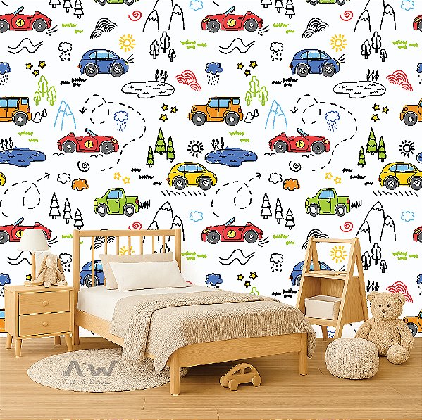 Papel de Parede Adesivo - Desenhos de Carros Coloridos