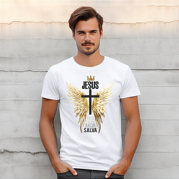 Camisetas personalizadas com imagem "Jesus Salva" com impressão de alta qualidade nos tamanhos P, M, G, GG e XG