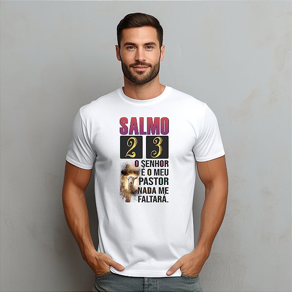 Camisetas personalizadas com imagem "Salmo 23" com impressão de alta qualidade nos tamanhos P, M, G, GG e XG