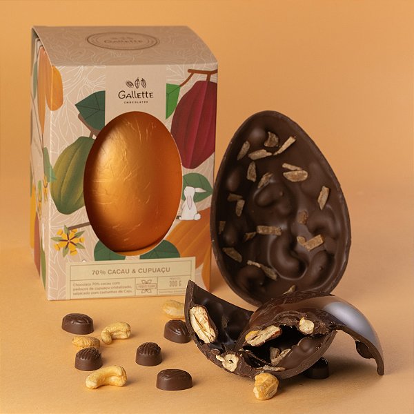 Ovo de Páscoa 70% Cacau, Cupuaçu Cristalizado e Castanha de Caju (400g)