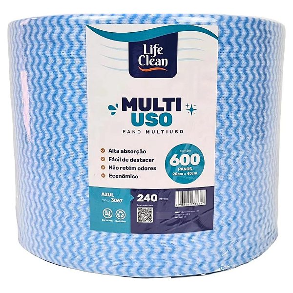Pano Multiuso Rolo Azul 20x40cm 600 Unidades 240m Life Clean