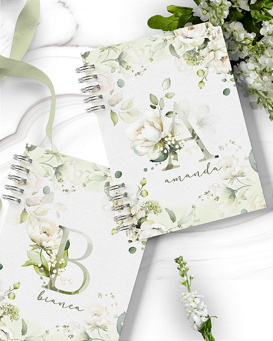 Caderno floral alfabeto  rosas brancas