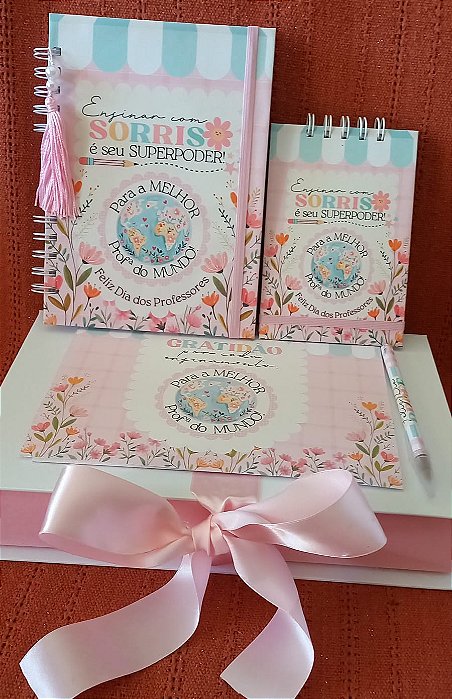 Kit Dia dos Professores: Caixa, Agenda, Bloquinho, Caneta