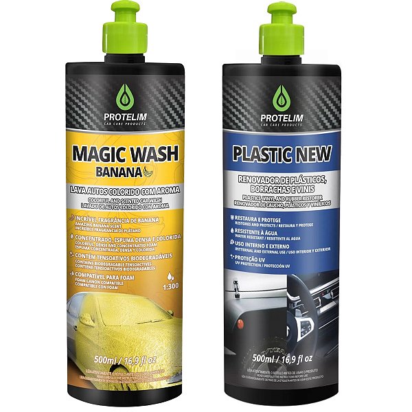 Magic Wash Banana Lava Auto Neutro Concentrado + Plastic New Renovador Plásticos Borrachas