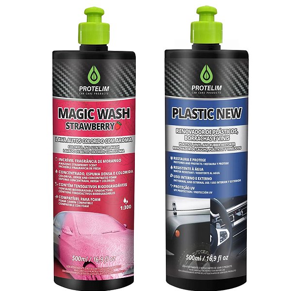 Magic Wash Strawberry Lava Auto Neutro Concentrado + Plastic New Renovador Plásticos Borrachas
